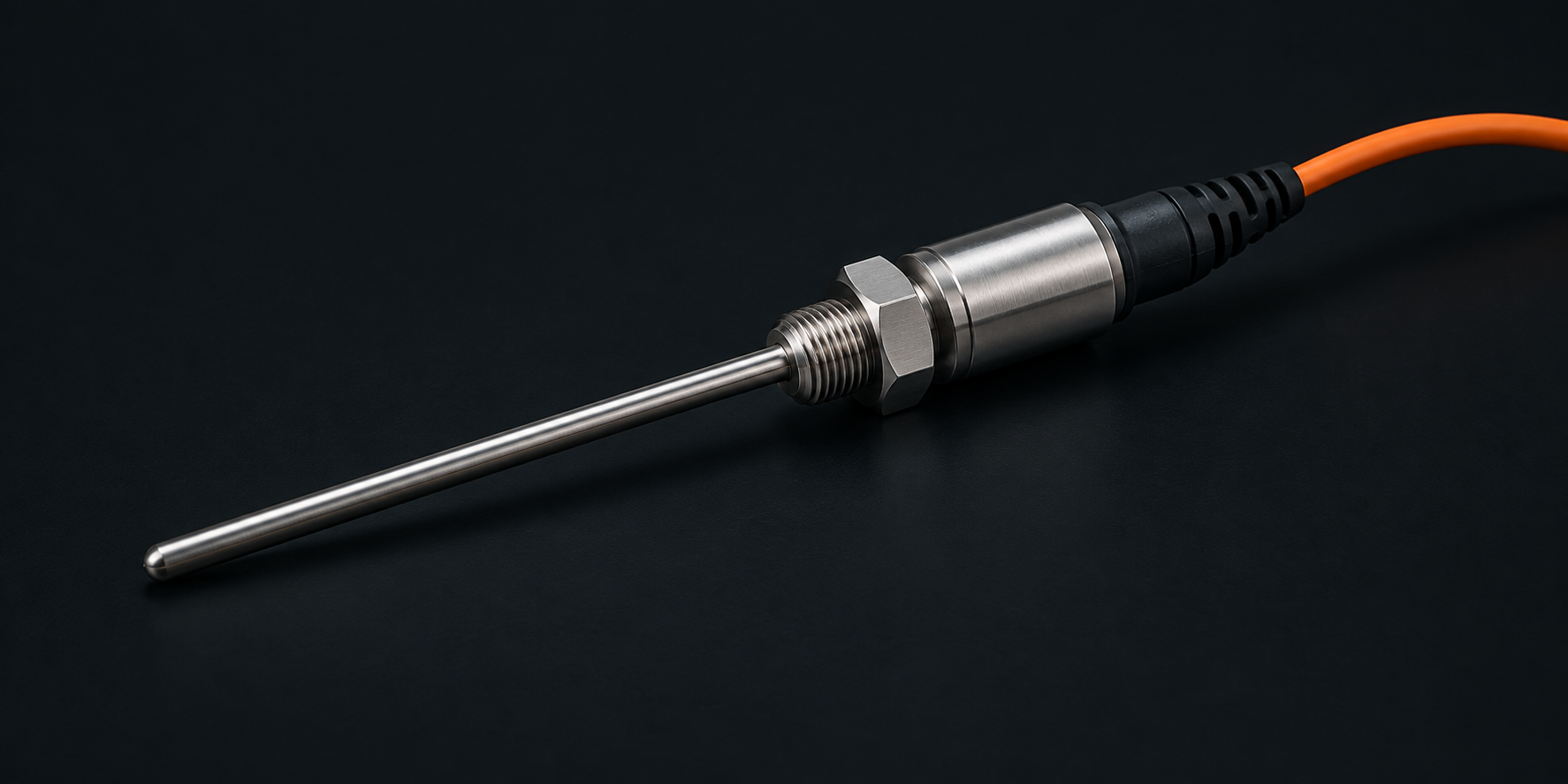 Stainless-steel industrial temperature probe with threaded process connection and electrical cable